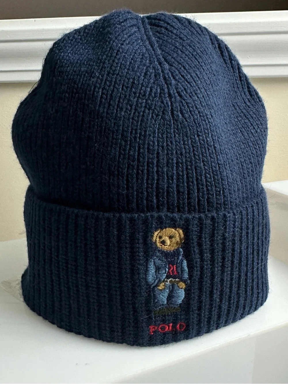 Polo Ralph Lauren Denim Bear Embroidered Knit Wool Blend Beanie Hat NWT Navy